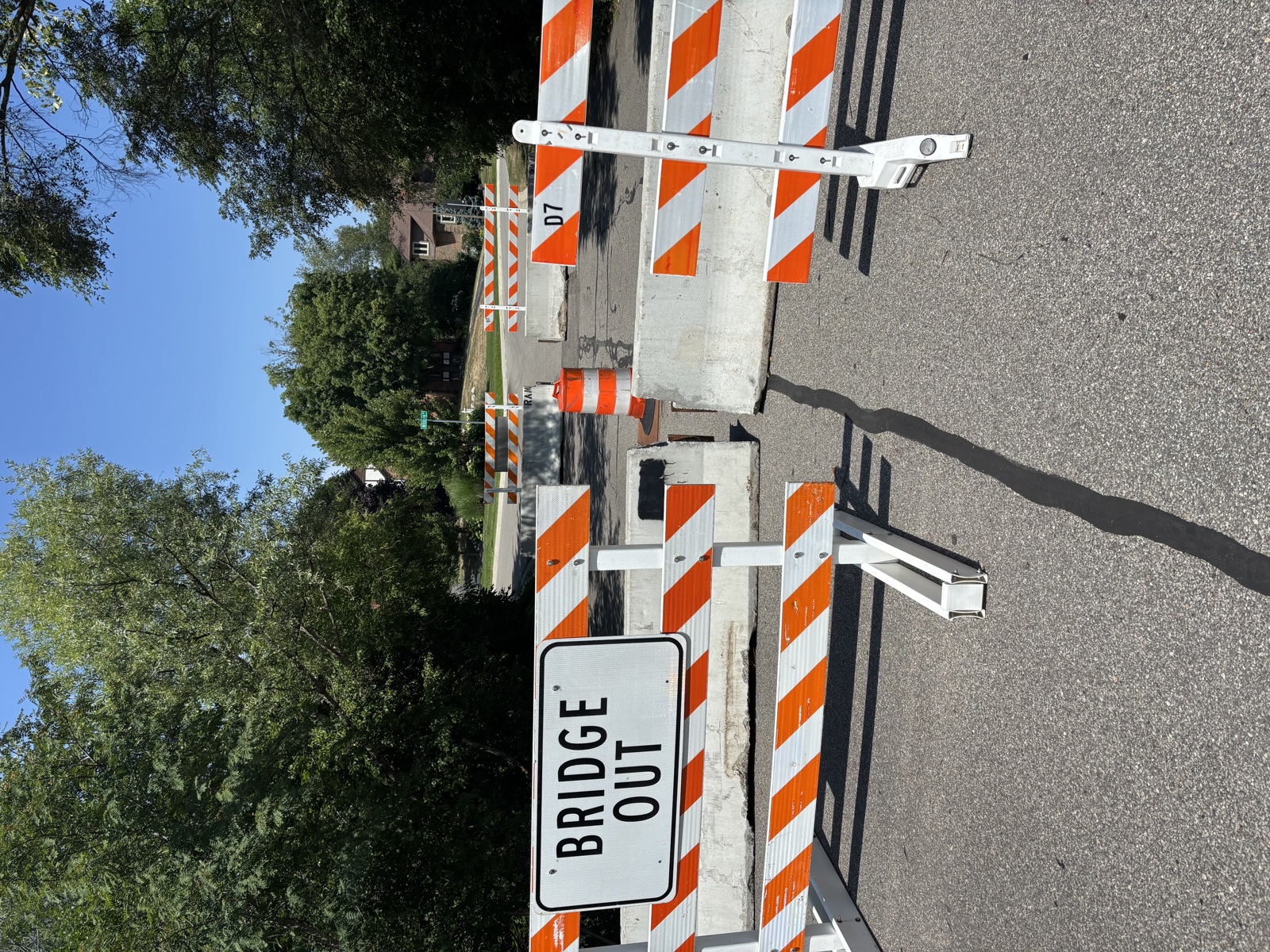 Bridge Out sign on barricades