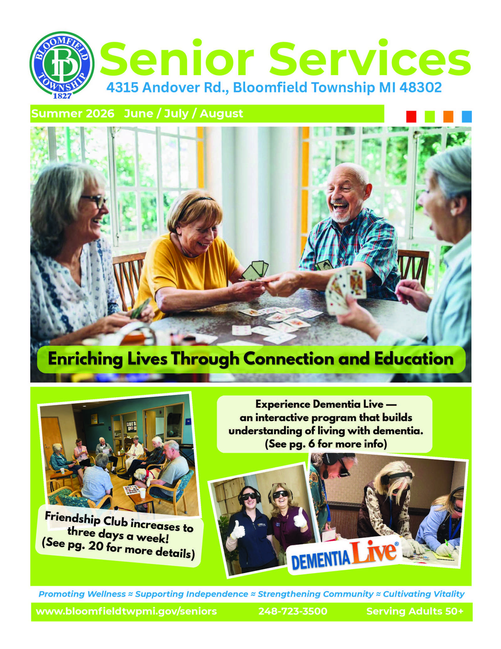 Cover of Summer 2026 Senior Services catalog showing groups of people playing cards, in a group sharing circle, doing crafts and wearing gloves and sunglasses.