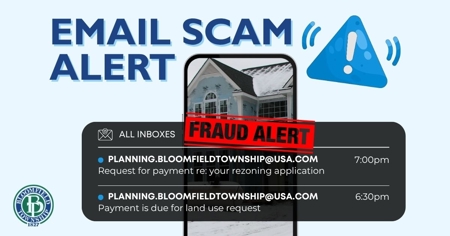 Email Scam Alert with cell phone email inbox showing fraud emails coming from fake email address planning.bloomfieldtownship@usa.com requesting payment for rezoning application, land use request, etc.