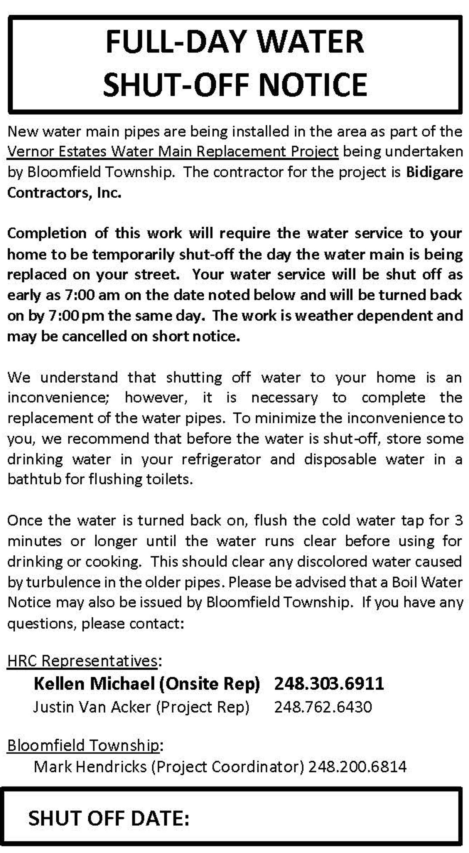 Door hanger notice of Full Day water shut off issued by Bloomfield Township
