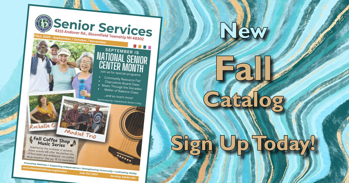 Announcement of New Fall Catalog for Senior Services with an image of the cover of the catalog.