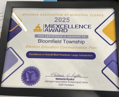 Bloomfield Township Clerk’s Office Recognized as 2025 MiExcellence Award Winner