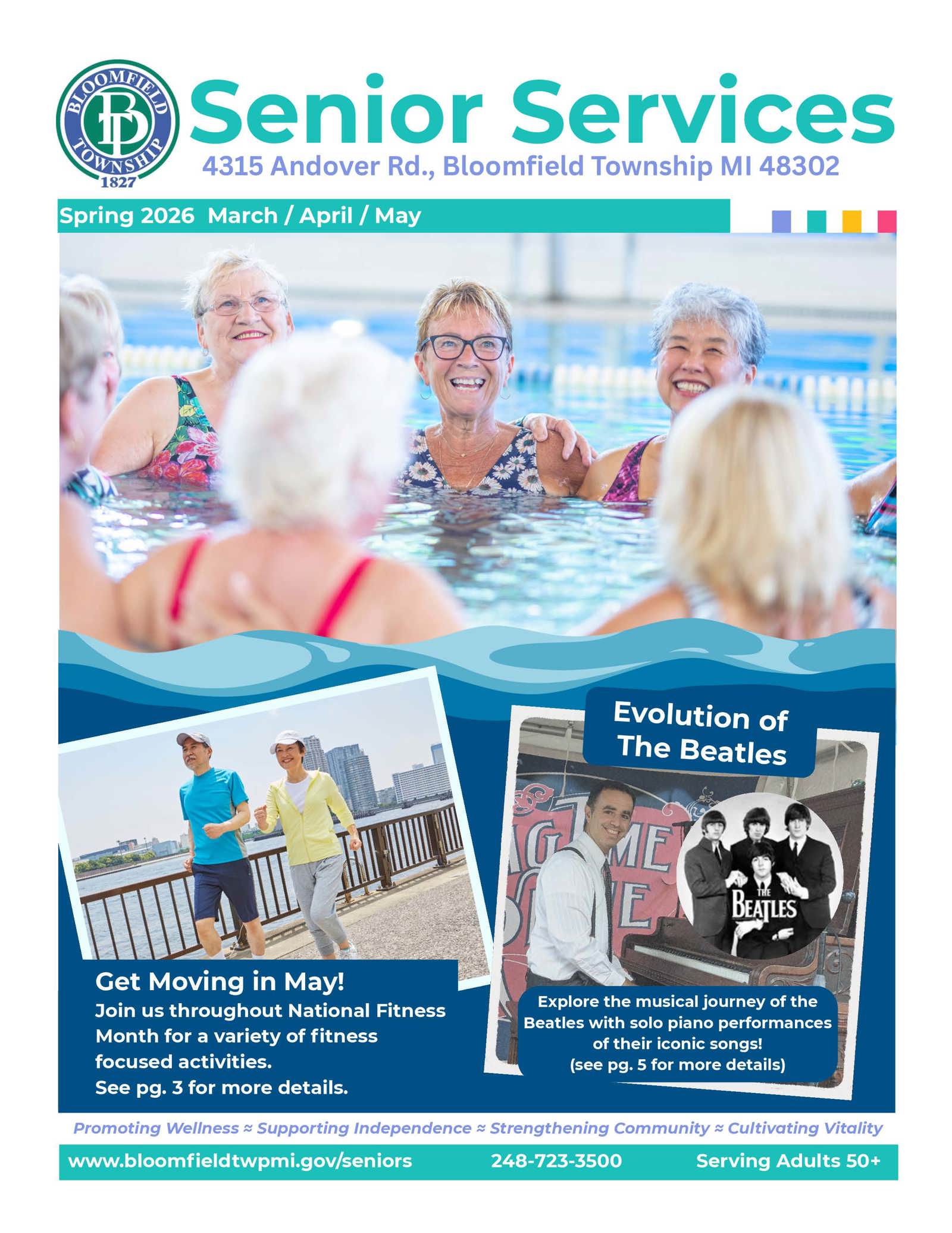 Cover of Spring Senior Services catalog featuring people doing group activity in swimming pool, a couple walking outdoors alongsive the Detroit river, and someone at a piano with an photo of The Beatles.