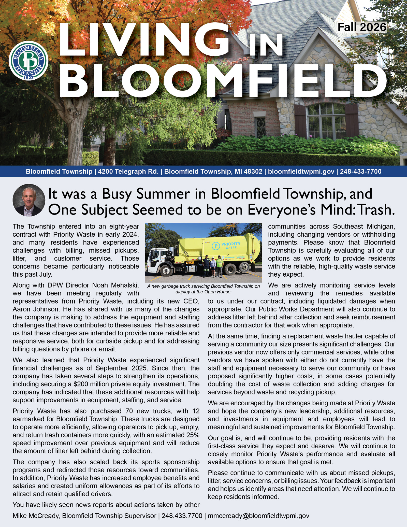 Front cover of the Fall 2026 Newsletter featuring a home with fall trees in the yard, and article written by Supervisor McCready about trash services and a photo of a Priority Waste trash truck and a few workers.