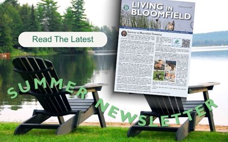 background of 2 adirondack chairs on the shore of a lake and headline Summer Newsletter with an preview of the cover.