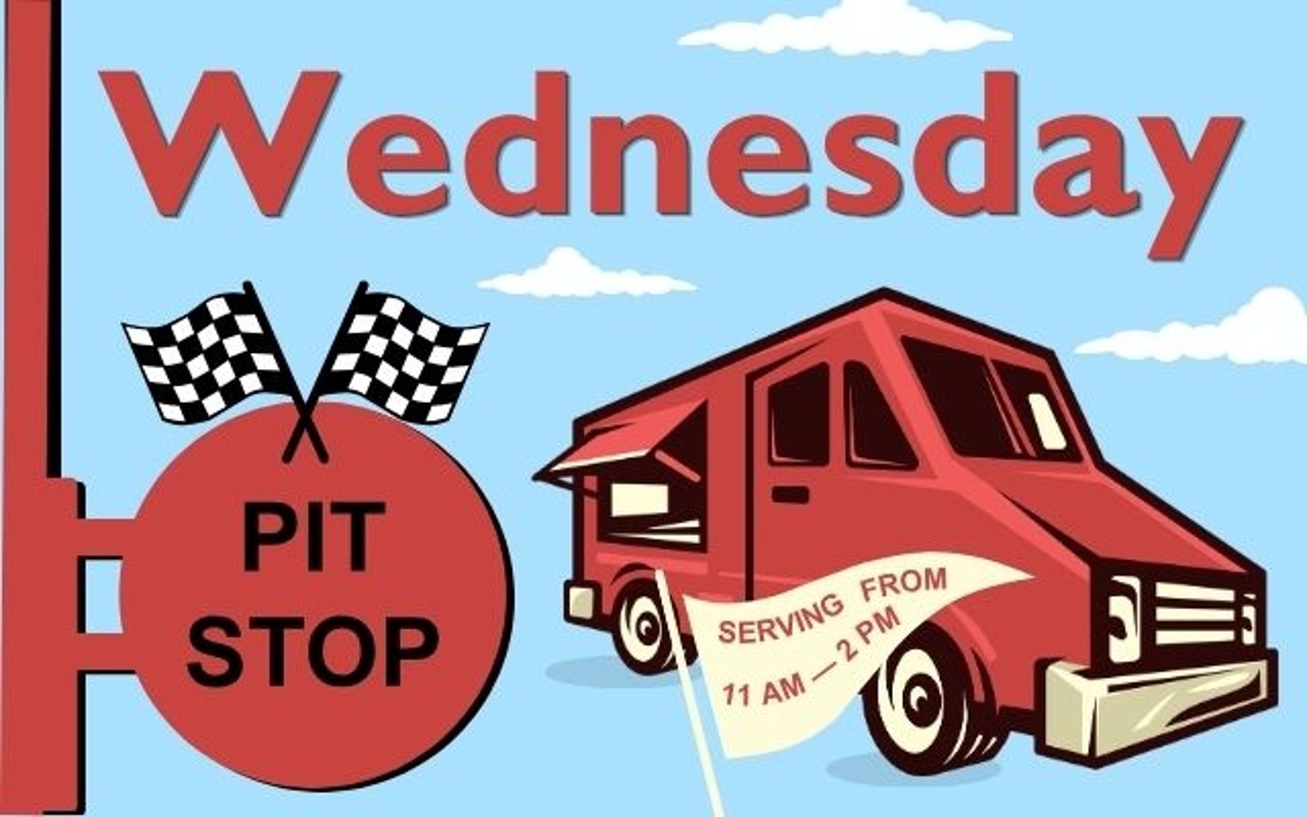 Food Truck illustration with pit stop racing theme and the title Wednesday Pit Stop serving from 11 am-2 pm.