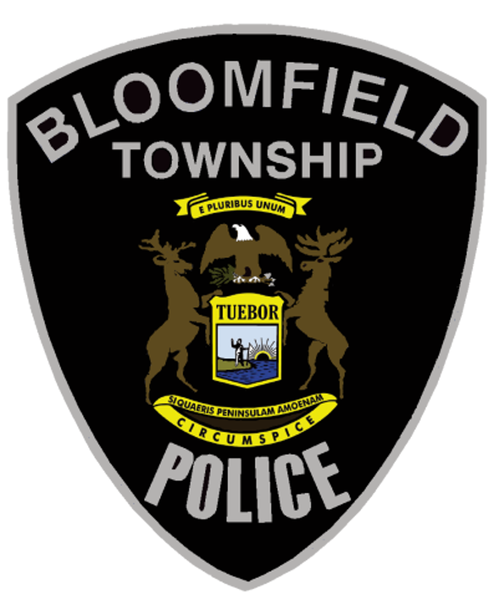 The official Bloomfield Township Police logo which is a black shiels outlined in grey and the Michigan seal in the center.